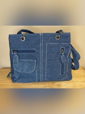 Vintage Y2K Denim Multi Pocket Handbag Structured Blue Purse Multiple Zippers